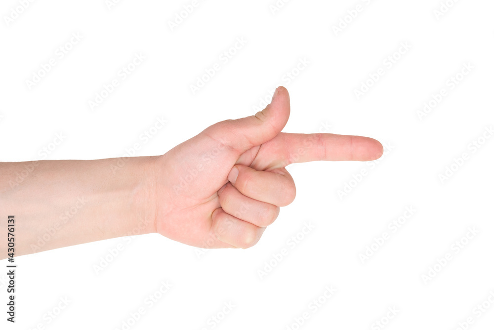 Male hand is showing by index finger isolated on the white background. Male hand is showing by index finger isolated on the white background.