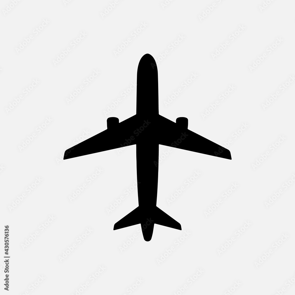 Vector black plane icon, vector airplane sign, isolated on the white background. Travel symbol in flat style.
