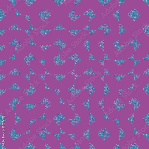 Vector truchet style geometric broken up quatrefoil shapes seamless pattern background. Purple blue abstract backdrop with random tiled stipple painterly motifs. Modern funky all over print