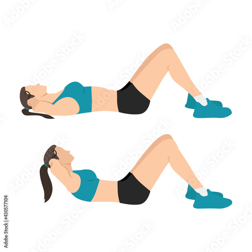 Woman doing crunches flat vector illustration isolated on white background