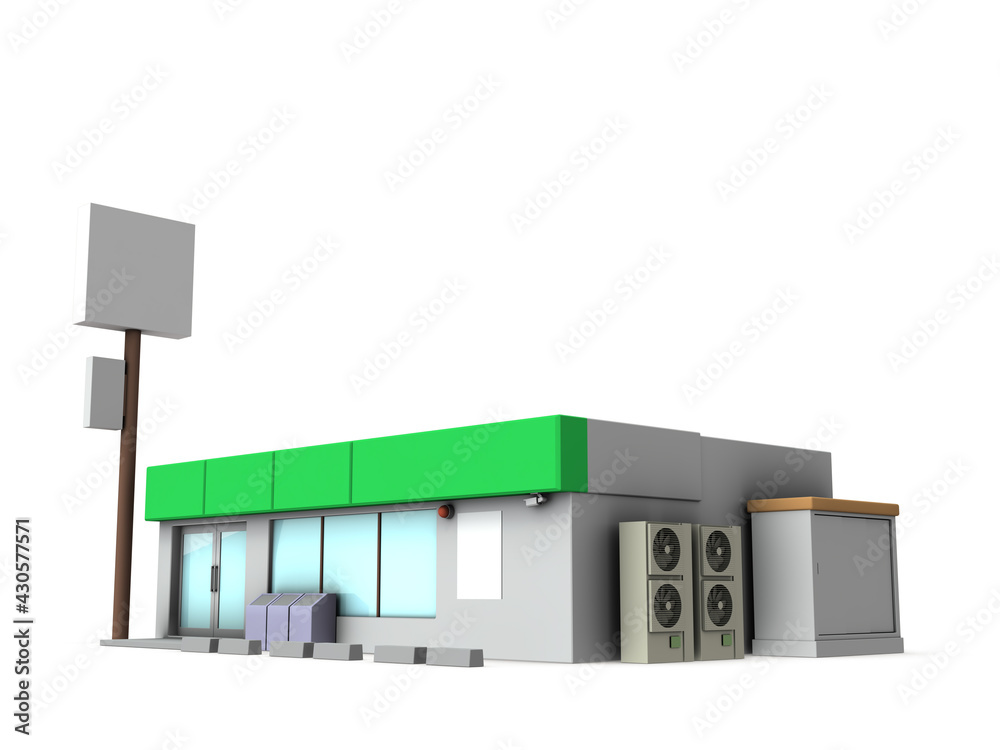 Obraz premium コンビニエンスストアの外観。白バック。3Dレンダリング。