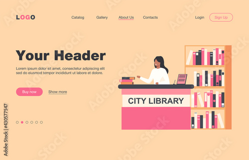 Female smiling librarian standing at counter. Book, shelf, paper flat vector illustration. City library and knowledge concept for banner, website design or landing web page