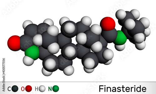 Finasteride molecule. It is used to treat symptoms of benign prostatic hypertrophy and male pattern baldness. Molecular model. 3D rendering photo