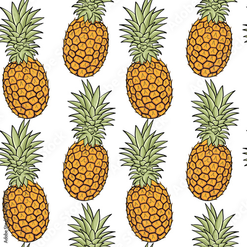 Seamless background with pineapples. Exotic fruits, solid background. Whole pineapple fruits, background illustration. Vector.