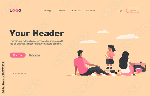 Happy family with kid relaxing on nature. Picnic, girl, BBQ flat vector illustration. Summer activity and weekend concept for banner, website design or landing web page
