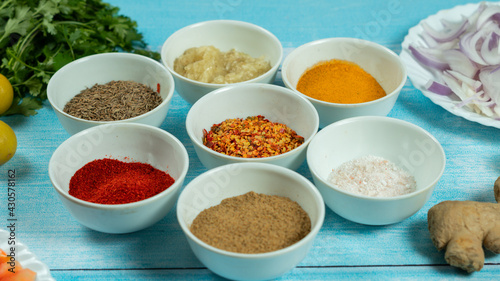  Indian and Pakistani spices in mini cups with herbs and vegetables