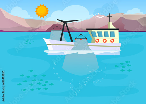 Cartoon fishing boat with lowered fishing net into sea. Flat vector illustration. Harbor trawler in process of catching fish in landscape background. Ocean, food, marine industry, sea fishing concept