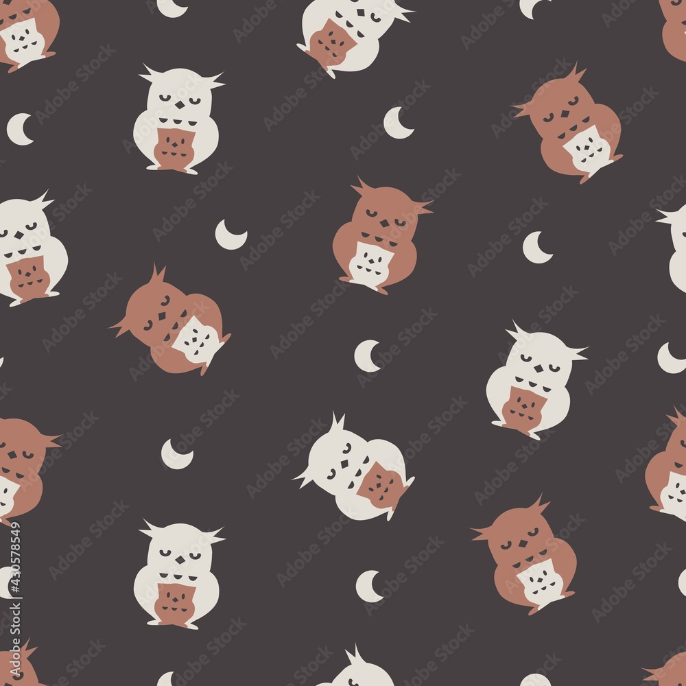 Sleeping owl mother and her child vector graphic seamless pattern