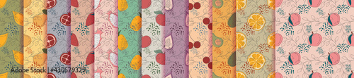 Set of seamless patterns with variety fruits. Fresh delicious fruits, peaches, apples, figs, lemon. Vector illustration in a flat linear style. Seamless patterns food
