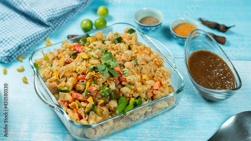 macaroni chaat Indian and Pakistani food display 