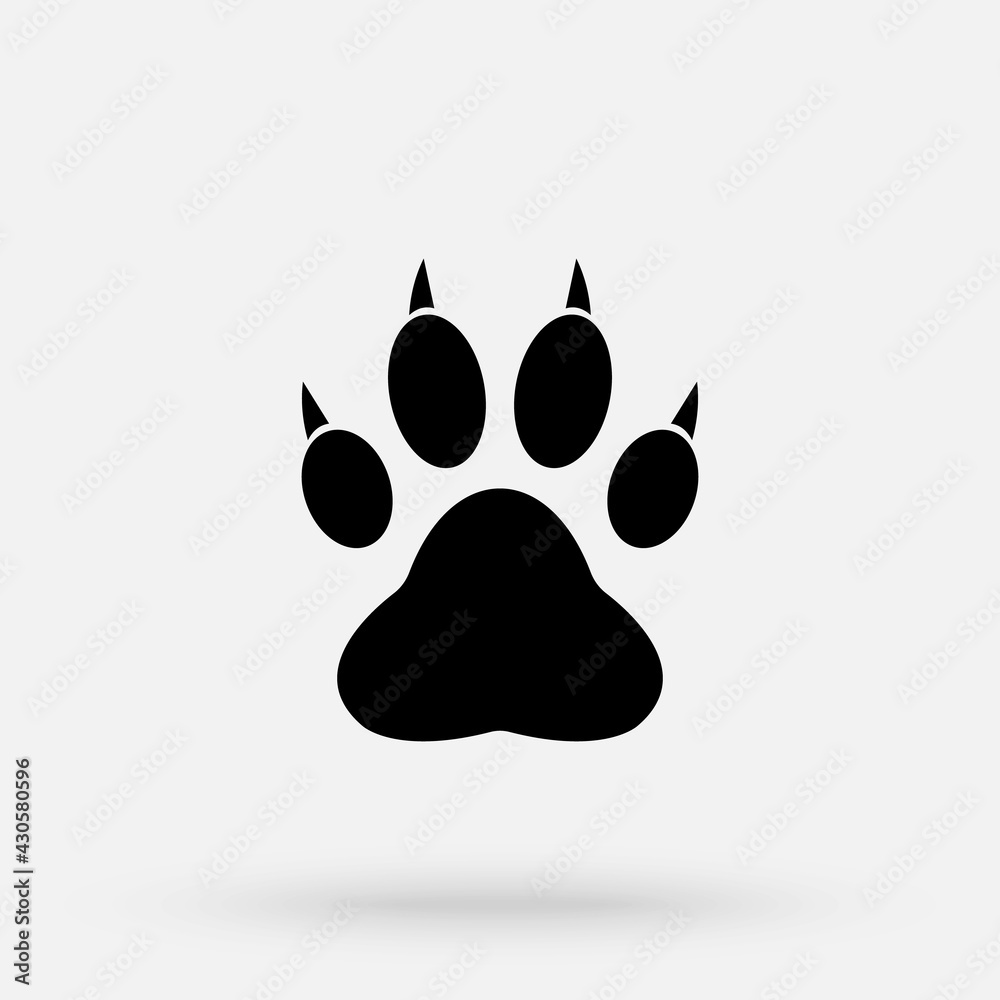 illustration. Wolf paw prints logo. Black on white background. Animal paw print with claws.