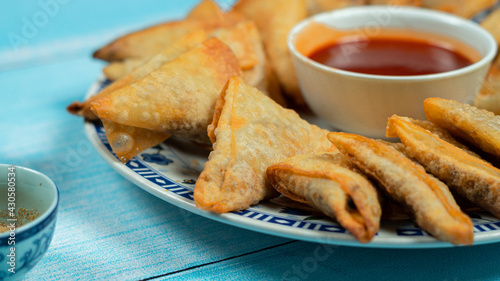  Mini samosa desi food Pakistani and Indian food with tomato ketchup