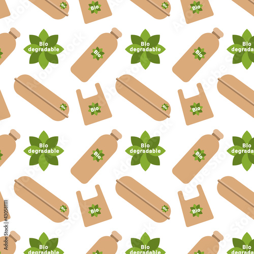 Seamless pattern biodegradable packaging bag box container bottle. Ecology concept. Vector illustration