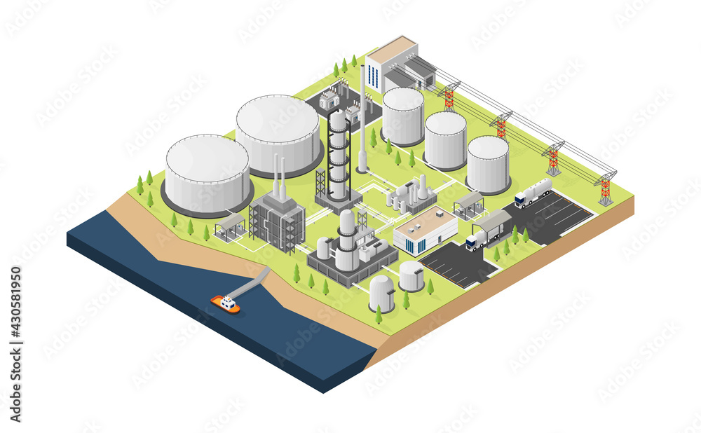 oil refinery plant with isometric graphic