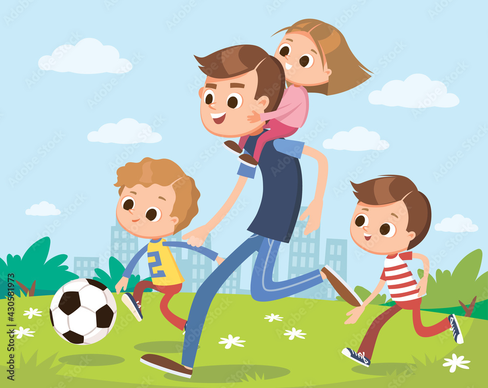Daddy, father spending time with kids playing active games sports. Dad play football soccer with sons on green lawn outskirts, carry daughter on shoulders.