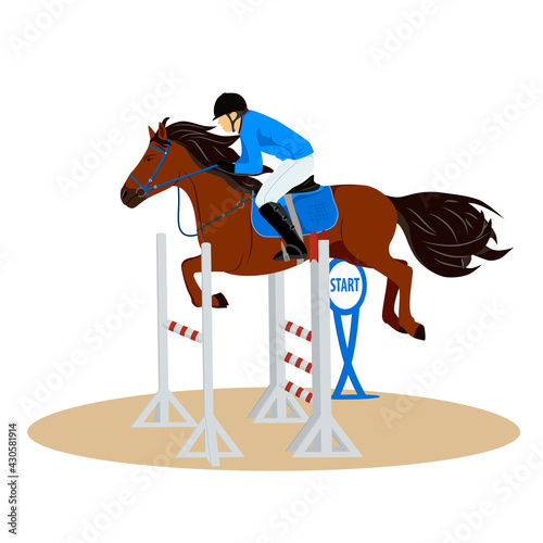 Horse with rider jumping over the barrier. Jockey on horse. Horse riding. Equestrian Sport. Isolated Vector Illustration