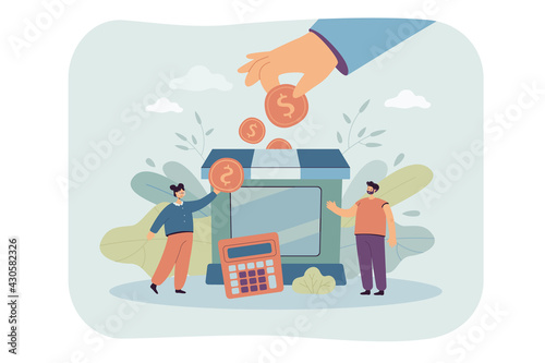 Tiny partners giving subsidy assistance to business flat vector illustration. Cartoon metaphor of support with financial money help in crisis. Government grant and potential bankruptcy concept