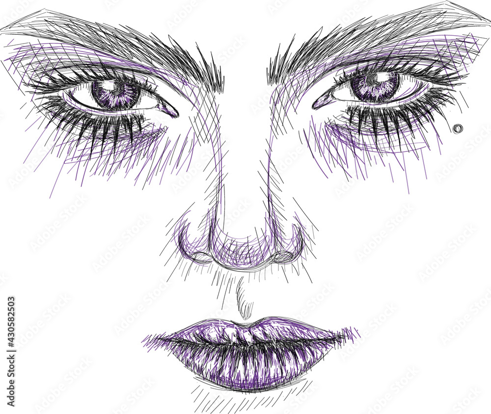 Fototapeta premium Beautiful female face - Realistic sketch portrait with violet elements 