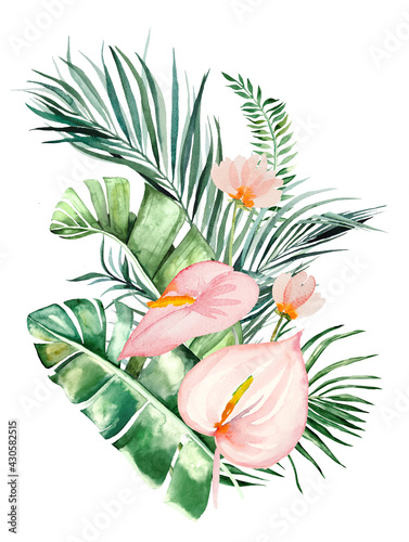 Watercolor tropical flowers and leaves bouquet illustration