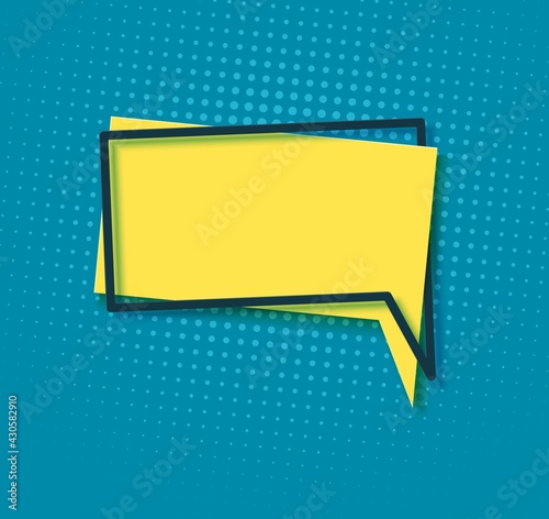 Yellow speech bubble in paper cut art. Memphis style banner with geometric shapes. Colorful sticker with place for promotion text, price tag, sale ad. Papercut badge. Vector card illustration