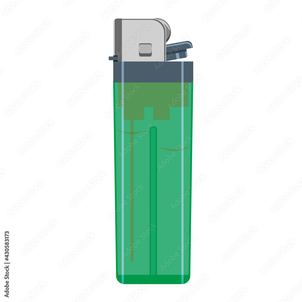 A green gas lighter in a transparent plastic case. Vector illustration isolated on white background. A green gas lighter in a transparent plastic case. Vector illustration isolated on white background.