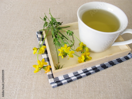 A cup of herbal tea with yellow flowers from birds-foot trefoil photo