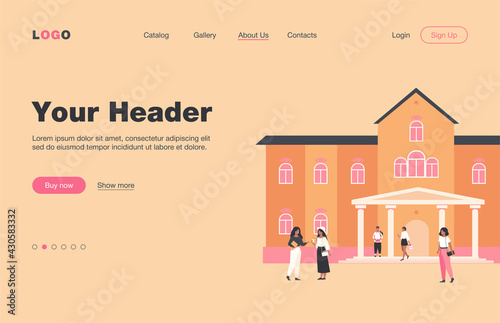 Young students walking in front of university or college building flat vector illustration. Cartoon people relaxing and sitting on grass at campus. Exterior, education and landscape concept