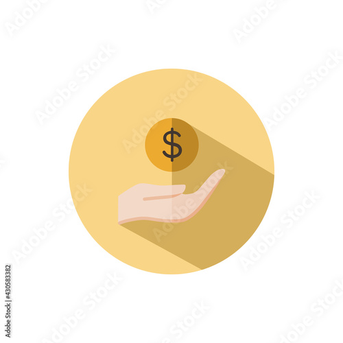 Hold hand dollar coin. cash money concept. Flat icon in a circle. Commerce vector illustration