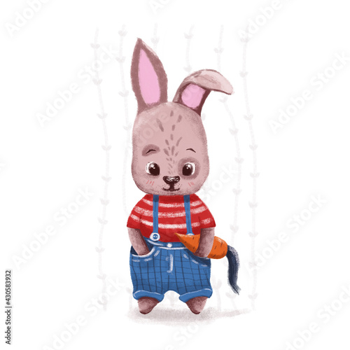 Cute rabbit in red T-shirt and blue shorts with carrot