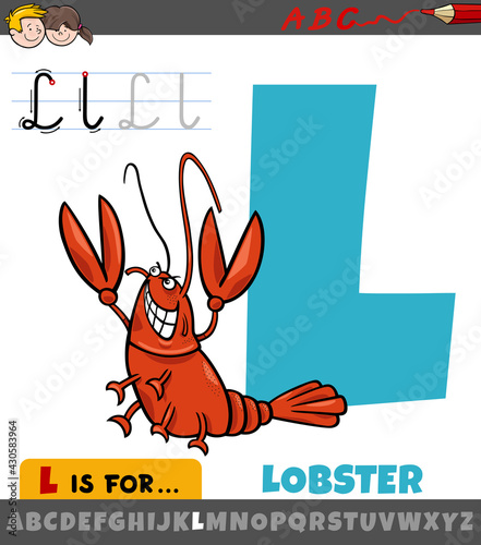 letter L from alphabet with cartoon lobster animal character