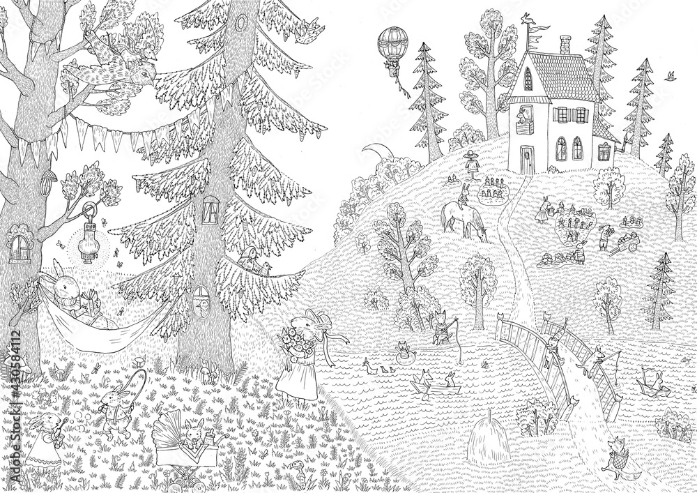 Rabbits are walking in a fairy forest. Coloring. Black and white digital illustration. Cute illustration for the decor and design of posters, postcards, prints, stickers, invitations, textiles.