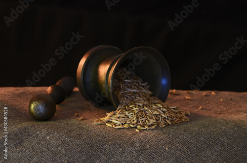 Still life in a warm light with the mortar and the pestle with scattered grains of oats