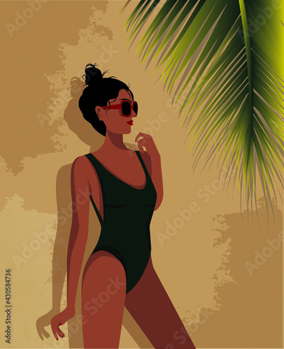 Digital illustration of a girl posing in a bikini on summer vacation on a background of a wall and palm trees