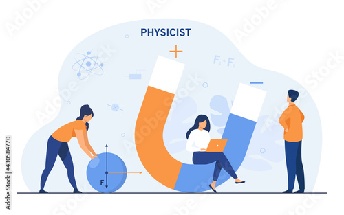 Group of physicists solving problems. Female character with laptop sitting on magnet, man thinking flat vector illustration. Physics, science concept for banner, website design or landing web page