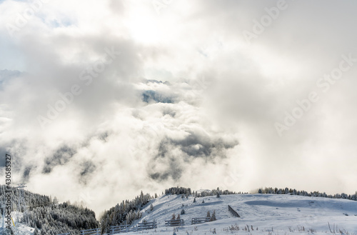 View of a forest covered with fresh snow and clouds near the Aletsch Arena. Switzerland in autumn photo