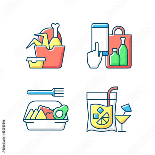 Takeaway and delivery option RGB color icons set. Fried chicken wings and legs. Phone drinks ordering. Family-style meal. Cocktail. Fast food. Delivery from bar, pub. Isolated vector illustrations