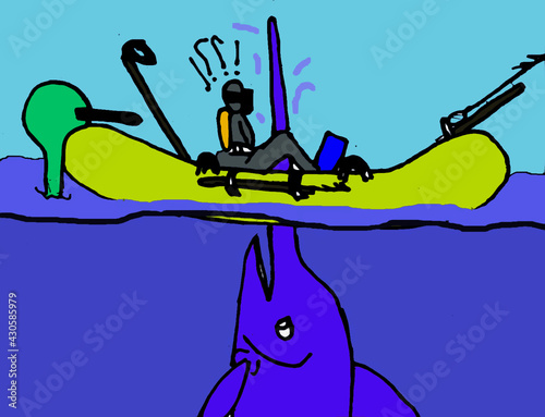 Cartoon Caricature Diver on Rubber Raft being hit by Sword Fish with Bill Sticking through Bottom 