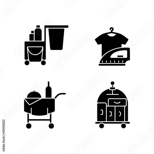 Hotel services black glyph icons set on white space. Pet friendly hotels for visiting with animals. Modern types of hotels which have all features. Silhouette symbols. Vector isolated illustration