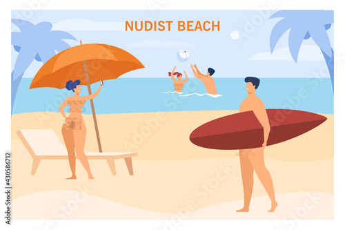 People on nudist beach. Naked cartoon characters playing in water, surfboard, taking selfie flat vector illustration. Nudism, private beach concept for banner, website design or landing web page