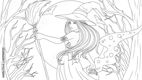 Vector coloring, cute beautiful witch with a broom and a pot of potions at night in the forest