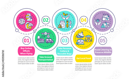 Sustainable tour tips vector infographic template. Carbon offsets when flying presentation design elements. Data visualization with 5 steps. Process timeline chart. Workflow layout with linear icons