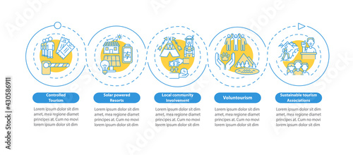 Best sustainable tourism practices vector infographic template. Solar energy powered resorts. Data visualization with 5 steps. Process timeline chart. Workflow layout with linear icons