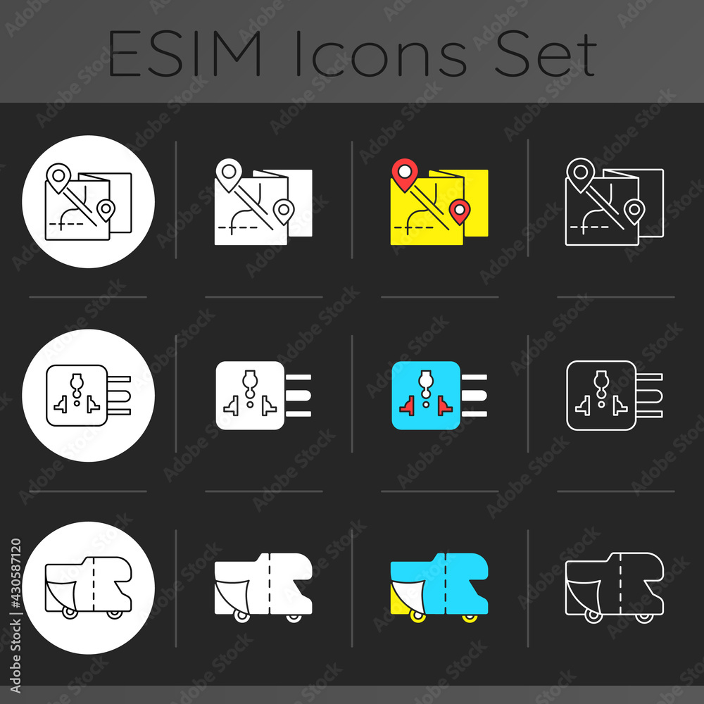 Travel dark theme icons set. Nomadic tour. Global standart adapter. RV cover for campground parking. Summer vacation tour. Linear white, solid glyph and RGB color styles. Isolated vector illustrations Travel dark theme icons set. Nomadic tour. Global standart adapter. RV cover for campground parking. Summer vacation tour. Linear white, solid glyph and RGB color styles. Isolated vector illustrations