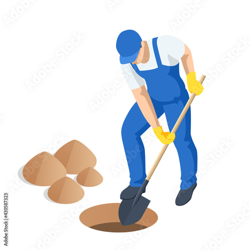 Agricultural work. Isometric man digging soil with a shovel. Farming activity of farmer. Work in the garden. Man digs a hole to plant a tree.
