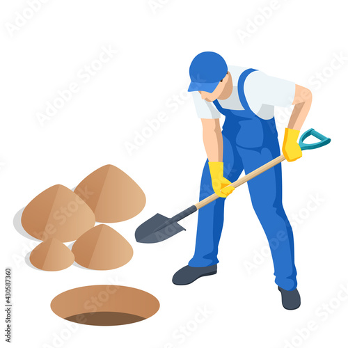 Agricultural work. Isometric man digging soil with a shovel. Farming activity of farmer. Work in the garden. Man digs a hole to plant a tree.