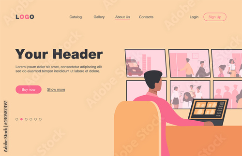 Guard service man sitting at control panel, watching surveillance camera videos on monitors in CCTV control room. Vector illustration for security system worker, spying, supervision concept