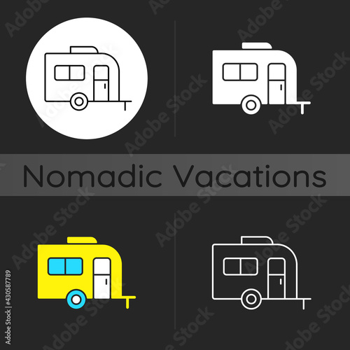 Caravan dark theme icon. Trailer for nomads lifestyle. Roadtrip transportation. Trailer for trip during summer vacation. Linear white, simple glyph and RGB color styles. Isolated vector illustrations