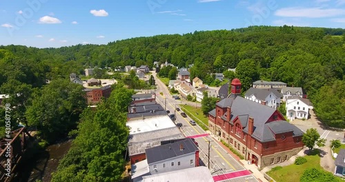 Wilton town center aerial view on Main Street and Souhegan River in town of Wilton, New Hampshire NH, USA.  photo