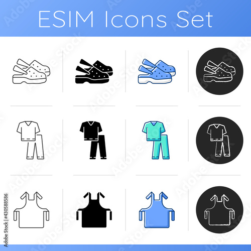 Disposable medical uniform icons set. Medical shoes. Scrub suit. Hospital safety. Disposable PPE. Sterile apron for nurse uniform. Linear, black and RGB color styles. Isolated vector illustrations