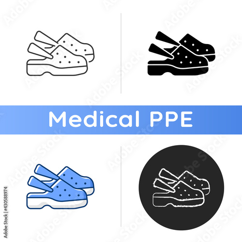 Medical shoes icon. Protective equipment, sterile foot wear. Footwear for nurse. Doctor uniform. Hospital safety. Disposable PPE. Linear black and RGB color styles. Isolated vector illustrations